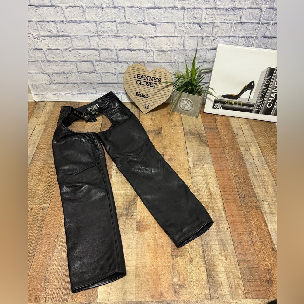 HIGH END MOTORCYLE BLACK LEATHER CHAPS - CALIFORNIA LEATHER CREATIONS USA MEDIUM